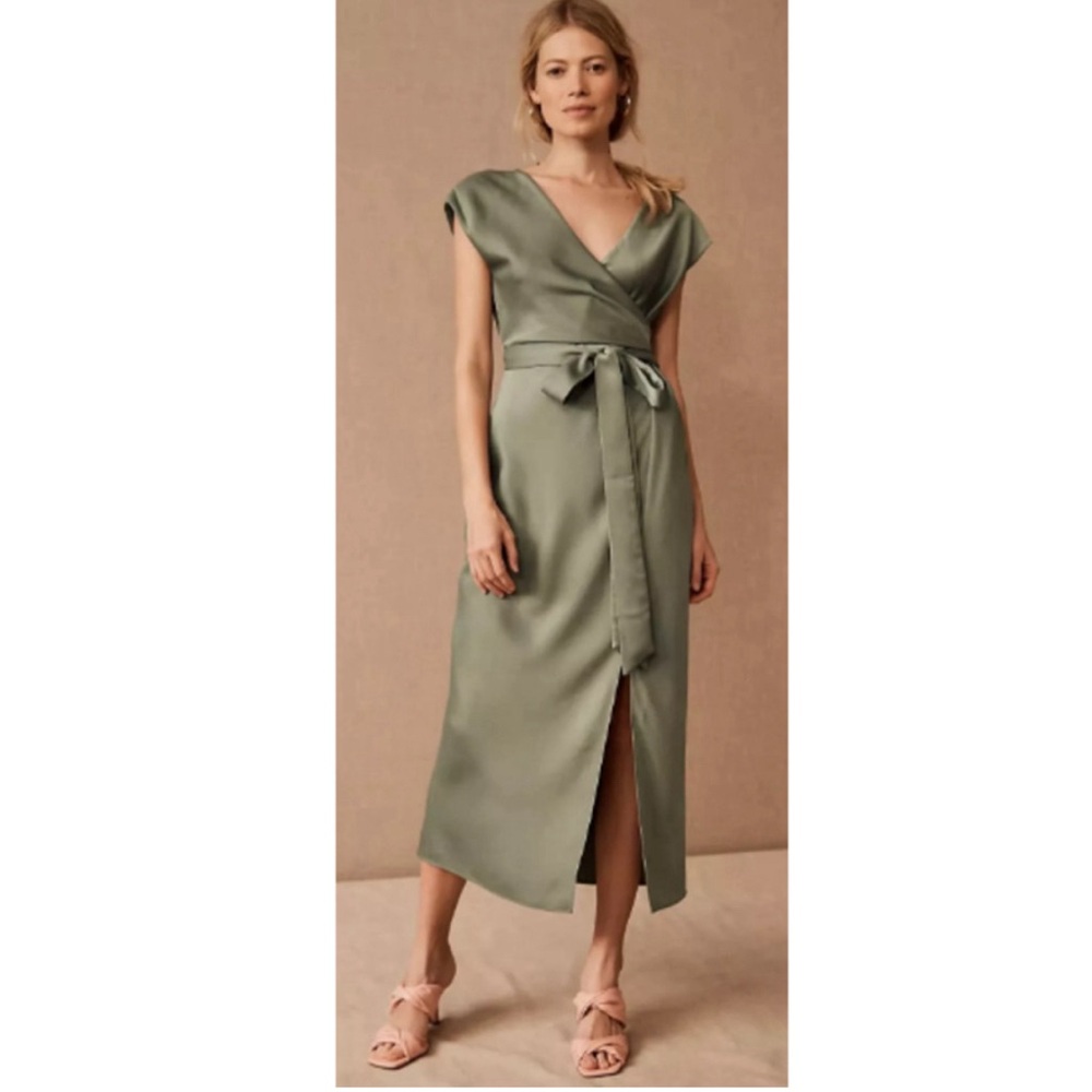 BHLDN Green Louisa Satin Charmeuse Midi Dress, NWOT